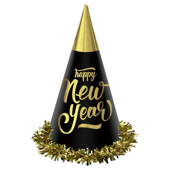 Happy New Year Black & Gold Foil Cone Hats 23cm Pk/24