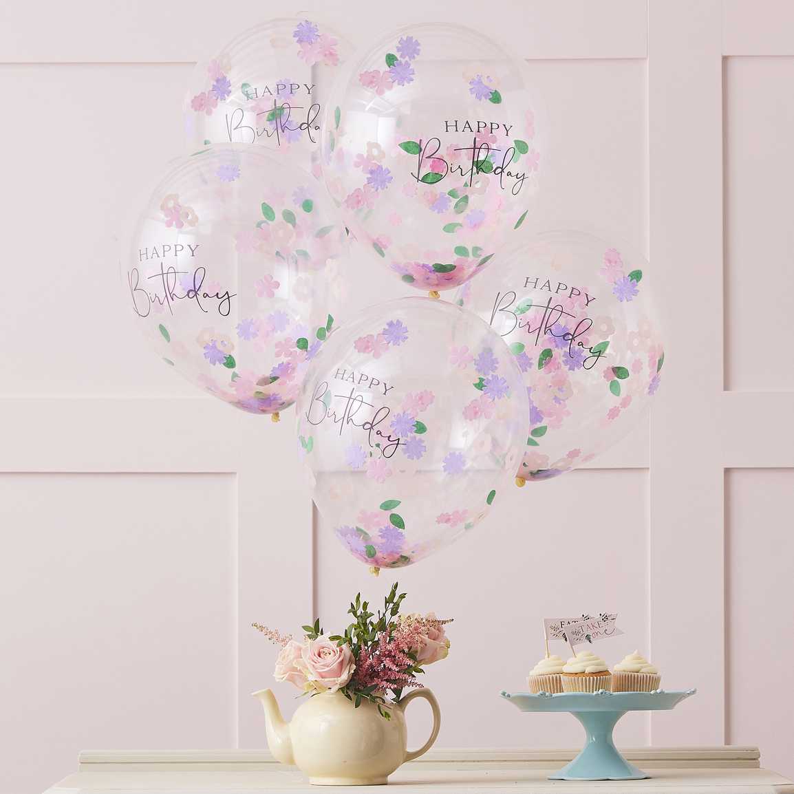 Lets Par Tea 30cm Balloons Confetti Happy Birthday Pk 5