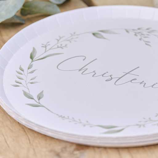 Christening White & Green Paper Plates Pk 8