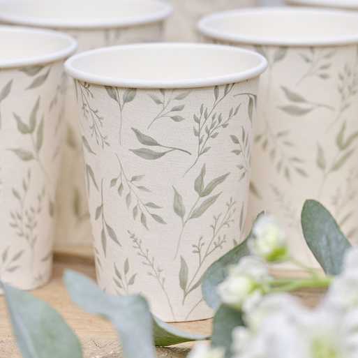 Cups Paper Christening White & Green Pk 8 - 265ml