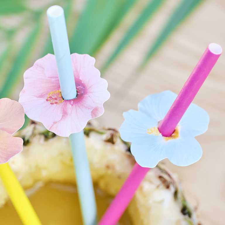 Tiki Tropics Hawaiian Paper Straws with Flower Toppers Pk/16 Ginger Ray
