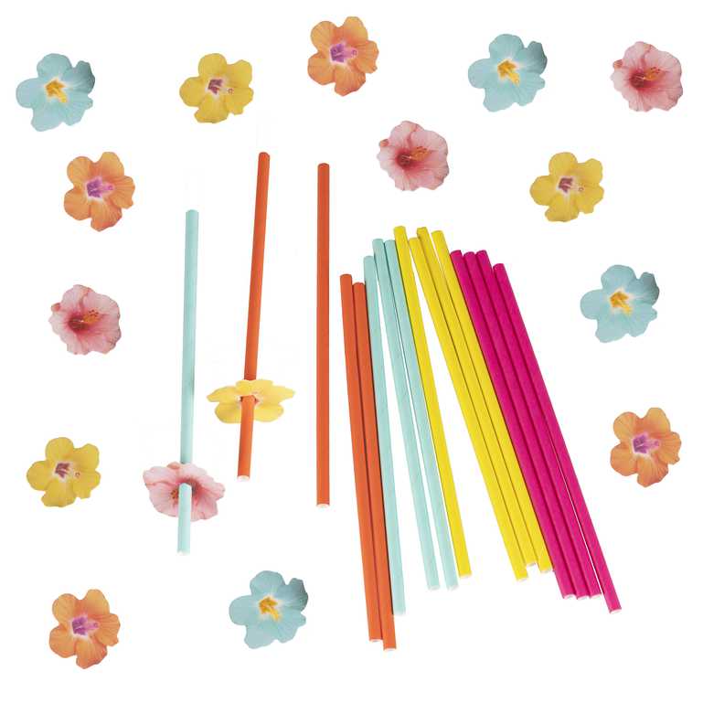 Tiki Tropics Hawaiian Paper Straws with Flower Toppers Pk/16 Ginger Ray