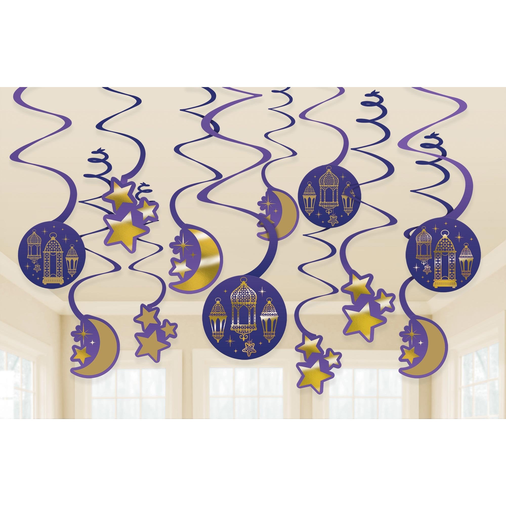 Moon & Stars Celebration Spiral Swirls Hanging Decorations Hot-Stamped Pk/12