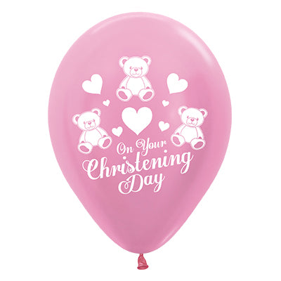 Sempertex 30cm On Your Christening Day Satin Pearl Pink & Metallic Fuchsia Latex Balloons, 25PK