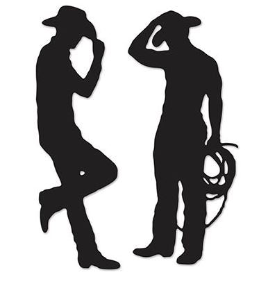 Western Cowboys & Horses Black Silhouettes Cutouts Pk/12 Cardboard 73cm & 11cm Horseshoes Printed on Both Sides