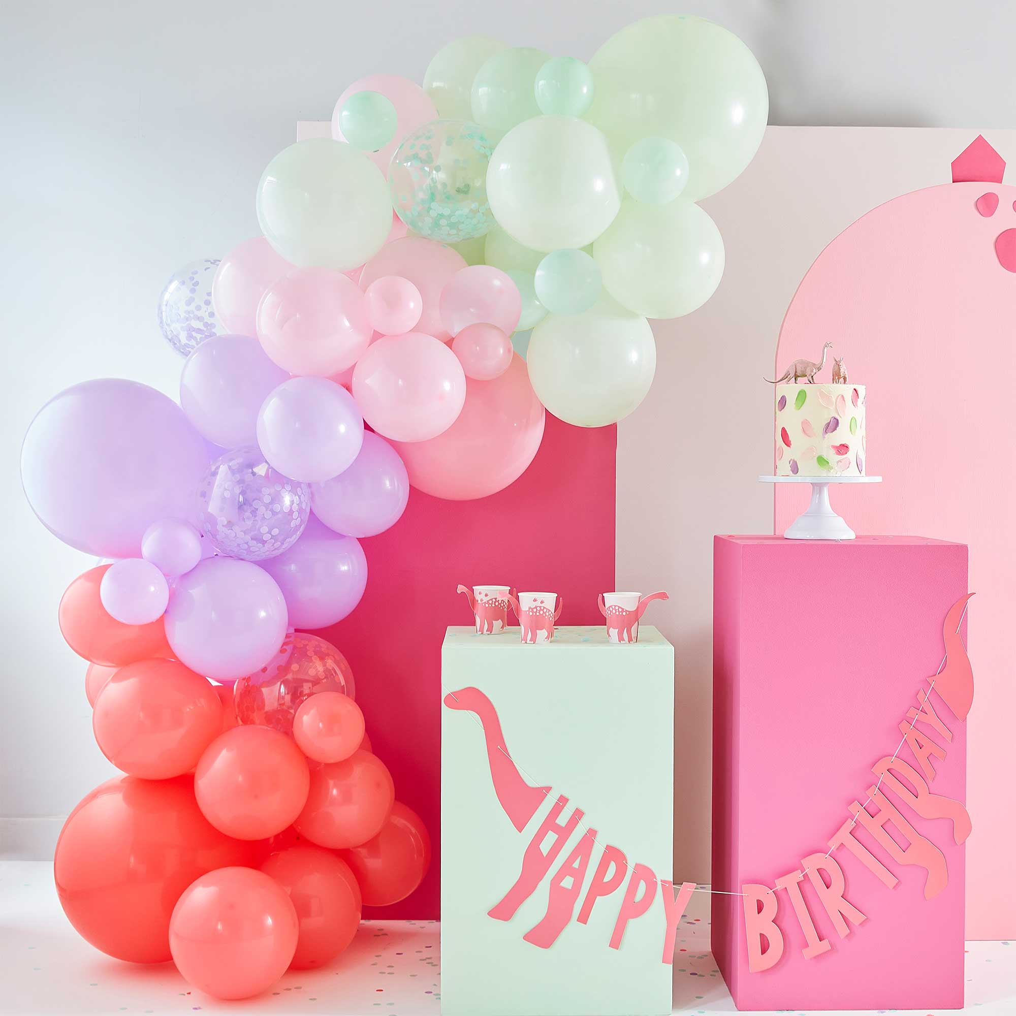 Dino Pink Balloon Arch With Confetti Balloons Pastel Pk/78